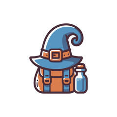 A whimsical blue wizard hat atop a brown backpack with a potion bottle, set against a plain background