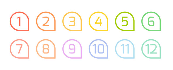 Bullet point numbers design element set. Colorful list markers collection, number 1 to 12.