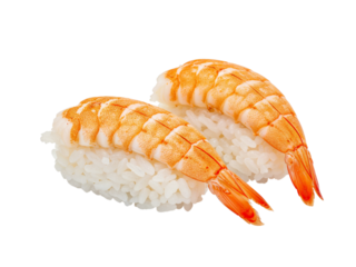 Delicious shrimp nigiri sushi with perfectly cooked toppings on a clean black background transparent background