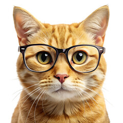 Golden cat wearing glasses isolated on transparent background