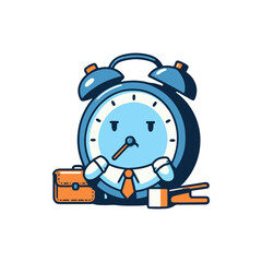 Cartoon alarm clock character dressed in a suit, holding a briefcase, symbolizing time management