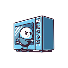 Cartoon character expressing frustration while standing next to a microwave in a simple kitchen setting