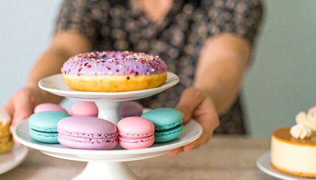 Person presents a two-tiered cake stand with a frosted donut and macarons