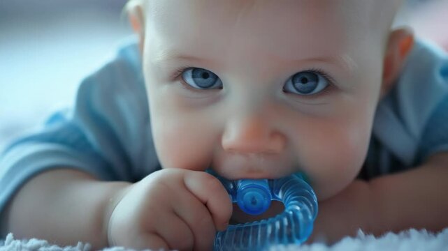 Baby sucking on pacifier while lying down on a bed, great for childcare or parenting related content - Powered by Adobe