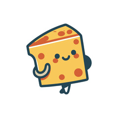 Cartoon character of a smiling cheese slice with arms and legs, cheerful and playful demeanor
