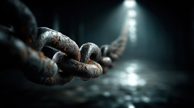暗闇の中でスポットライトに照らされた錆びた金属の鎖 | Rusty metal chain illuminated by a spotlight in darkness