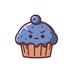 Cartoon cupcake with a blue frosting and an angry expression, set against a simple background