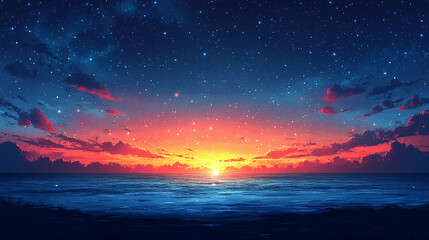 Fototapeta premium Starry sunset over the ocean. A vibrant, digital painting of a serene ocean landscape at sunset, with a star-studded sky.
