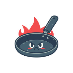 Cartoon frying pan with an angry face and flames, symbolizing cooking frustration and heat
