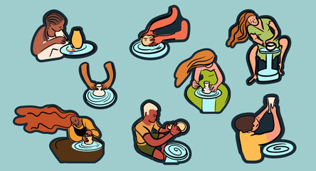 Pottery, ceramics workshop, hands, pottery pottery wheel illustrations set, hand drawn doodle line abstract vector art.