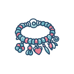 Colorful charm bracelet with beads and decorative elements, set against a simple background