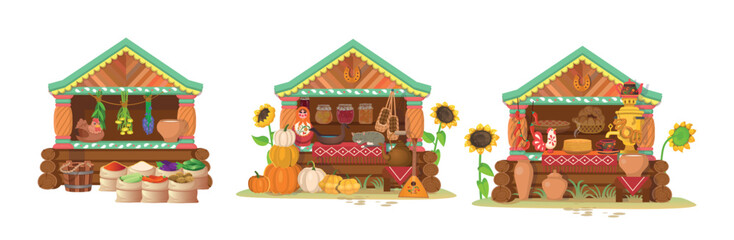  Russian fair with wooden stalls. Old Russian city with wooden carved colored houses. Russian Teremok. Russian fair with tents.