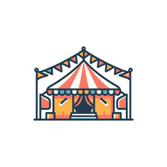 Colorful circus tent with flags and decorative entrance, set against a clear sky background