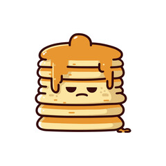 Cartoon stack of pancakes with syrup, showing a displeased expression, isolated on white background