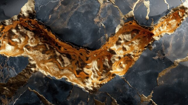黒い石の間に流れる金色の脈を持つ抽象的な背景 | Abstract Background with Flowing Golden Veins in Black Stone
