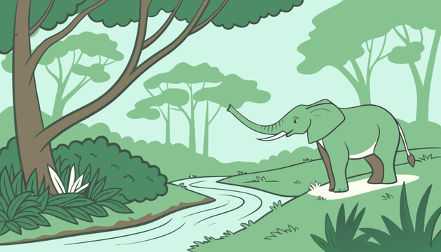 brown Elephant with his babies drinking water from the river in a green jangle 