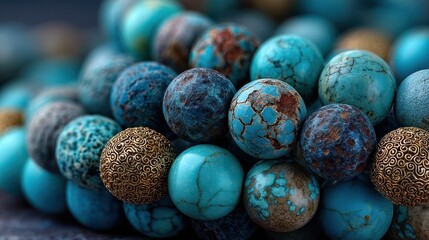 Colorful turquoise and bronze beads arranged artistically for a jewelry design