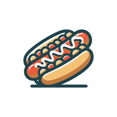 Colorful hot dog with toppings, placed on a surface, with a blurred background of a picnic scene
