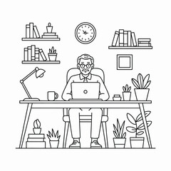 Man working on a laptop at a desk in a room with bookshelves and plants © MDANTOR