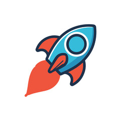 Obraz premium Colorful rocket launching with flames against a white background, symbolizing innovation and adventure