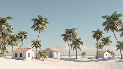 Panoramic vista of tropical beach with small white houses and tall palm trees under blue sky