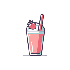 Colorful strawberry milkshake in a clear glass with a straw, served on a white background