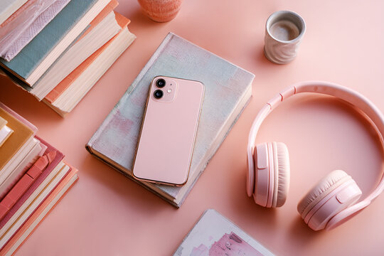 Flat lay top view pink minimal study table 