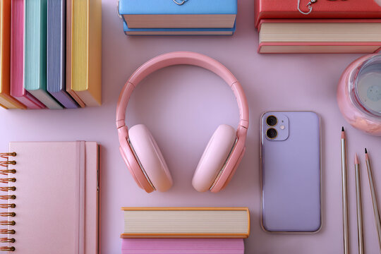 Flat lay top view pink study table 