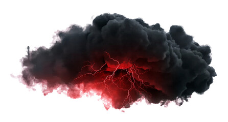 Dramatic Thunderstorm Cloud with Intense Red Lightning Strikes Illuminating the Dark Sky on transparent background, cutout