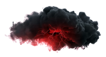 Dramatic Thunderstorm Cloud with Intense Red Lightning Strikes Illuminating the Dark Sky on transparent background, cutout