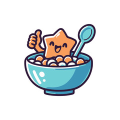 Cheerful star-shaped character enjoying a bowl of colorful cereal with a spoon, bright background