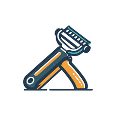 Colorful vegetable peeler resting on a countertop with fresh produce in the background