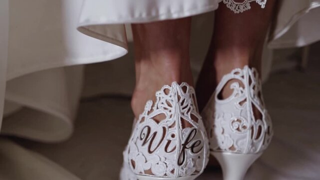 Rear Perspective of Set of White Footwear Intended for Bride, Embellished with the Word Wife' in Embroidery