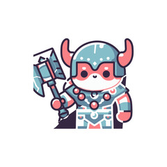 Cute cartoon character dressed as a Viking warrior, holding an axe, set against a simple background