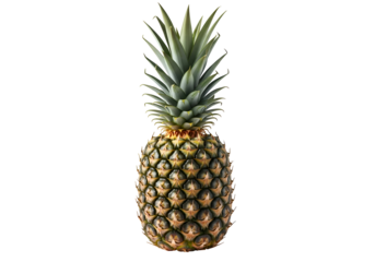 Single Ripe Pineapple with Green Crown on White Background.