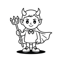Cute cartoon devil boy holding a trident and wearing a cape
