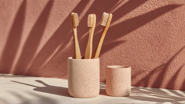 Bamboo toothbrushes in terracotta holders sunlit background, 4k video footage