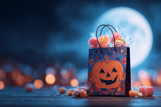 Halloween trick or treat gift bag with copy space