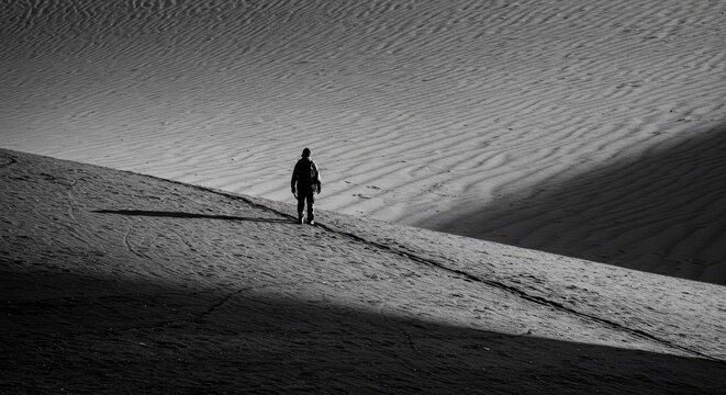 Solitary Journey on a Diagonal Dune, a Monochrome Study in Light, Shadow, and Texture. - Powered by Adobe