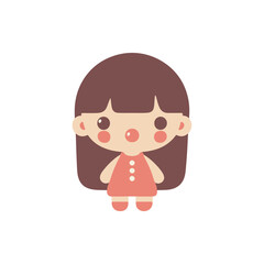 Cute cartoon girl with brown hair and rosy cheeks wearing a pink dress, standing alone
