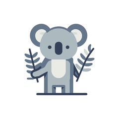 Cute cartoon koala holding eucalyptus branches in a minimalist style on a white background