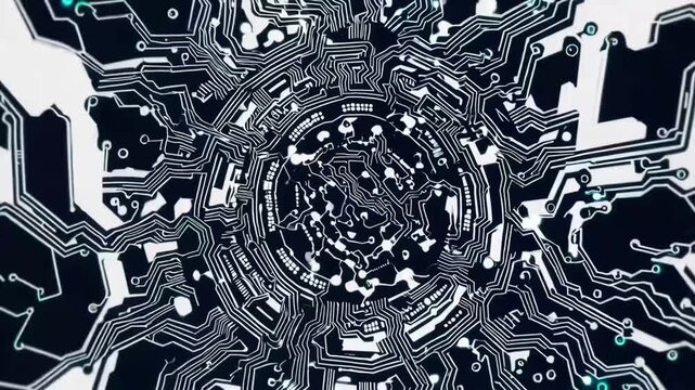 Abstract Illustration of Circular Motherboard Frame on White Background with Connecting Lines and Dots