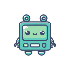 Cute cartoon robot character with a smiling face, standing on a white background, ideal for children's media