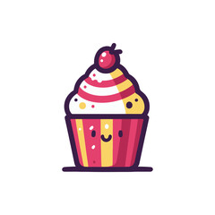 Colorful cartoon cupcake with a cherry on top, smiling face, set against a plain background