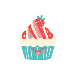 Colorful cartoon cupcake with strawberry topping, smiling face, and playful design