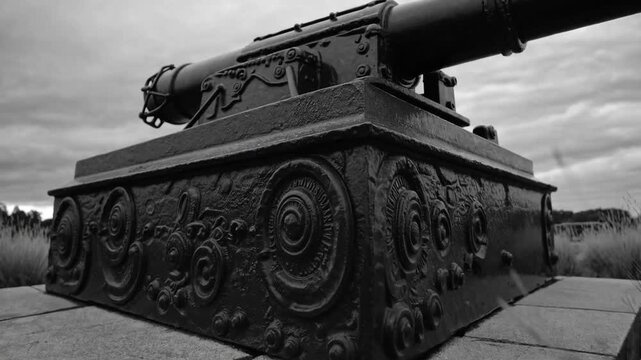Artillery Cannon Monument Displaying Ancient Howitzer in Black and White