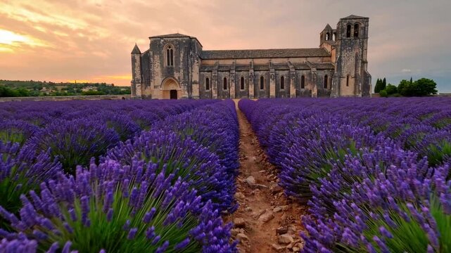 Panoramic Sunset View of the Abbey of Senanque with Rows of Blooming Lavender Flowers in the Region of Provence