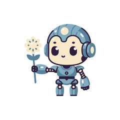 Cute robot character holding a flower, showcasing a blend of technology and nature in a playful design