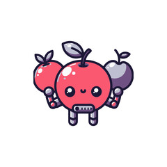 Cute robotic character holding three colorful apples in a whimsical, cartoonish style