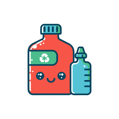 Colorful cartoon-style illustration of a smiling bottle and container with recycling symbol